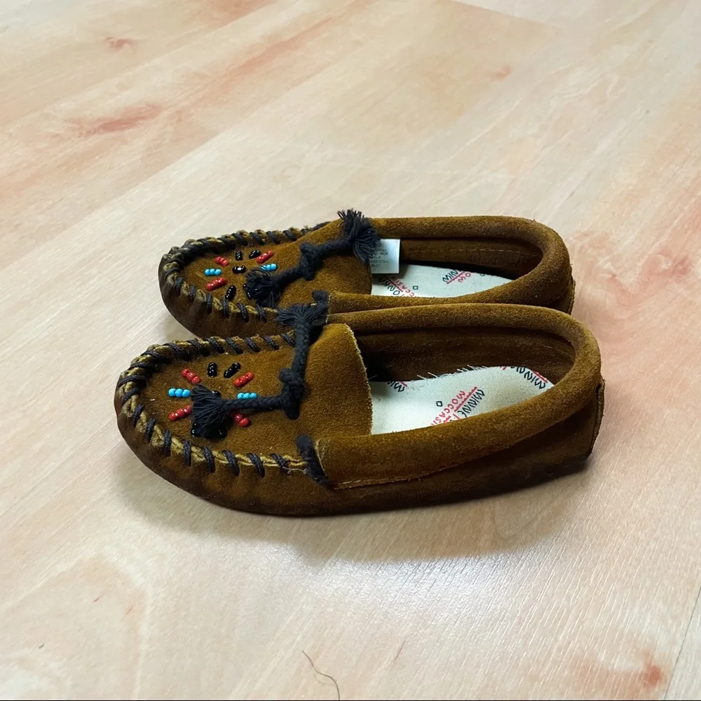 Minnetonka Brown Beaded Leather Moccasins Unisex Toddler Size 8